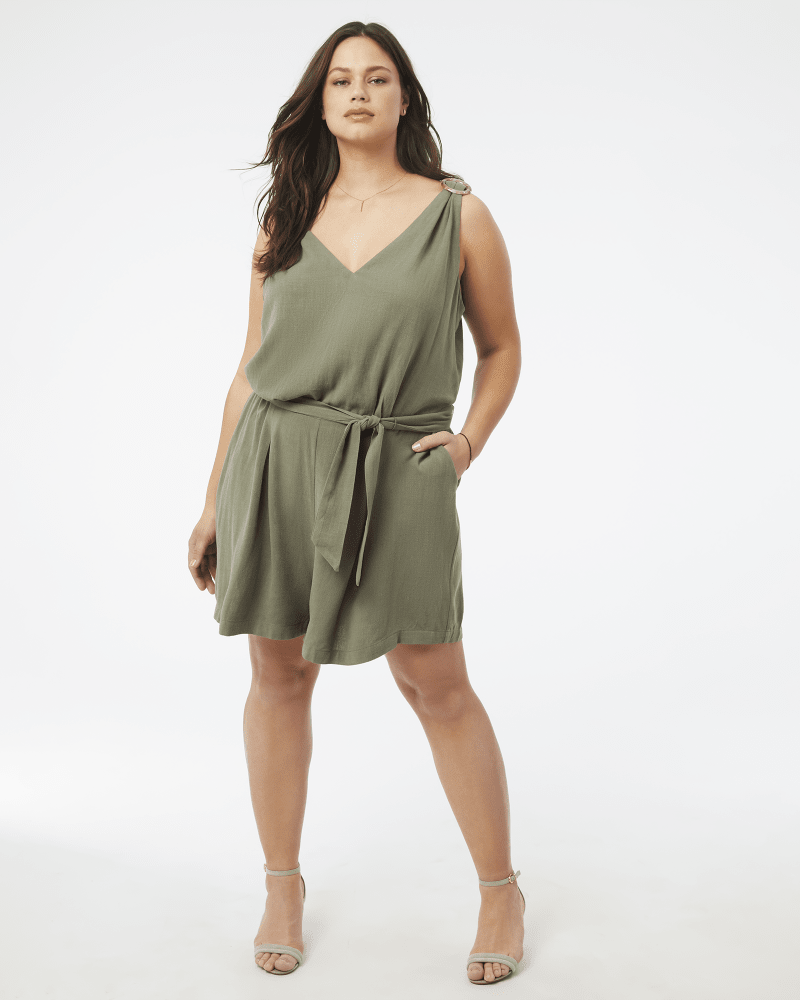 Plus size model with hourglass body shape wearing Nia Sleeveless Romper by Adorned | Dia&Co | dia_product_style_image_id:157100